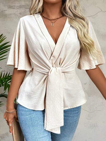 EMERY ROSE Plus Size Women's Vacation Solid Color Ruffle Short Sleeve Tie Waist Fashionable Blouse White Elegant Top White Tie Front Top Wrap Tops For Women Tie Front Blouse Cream Blouse
