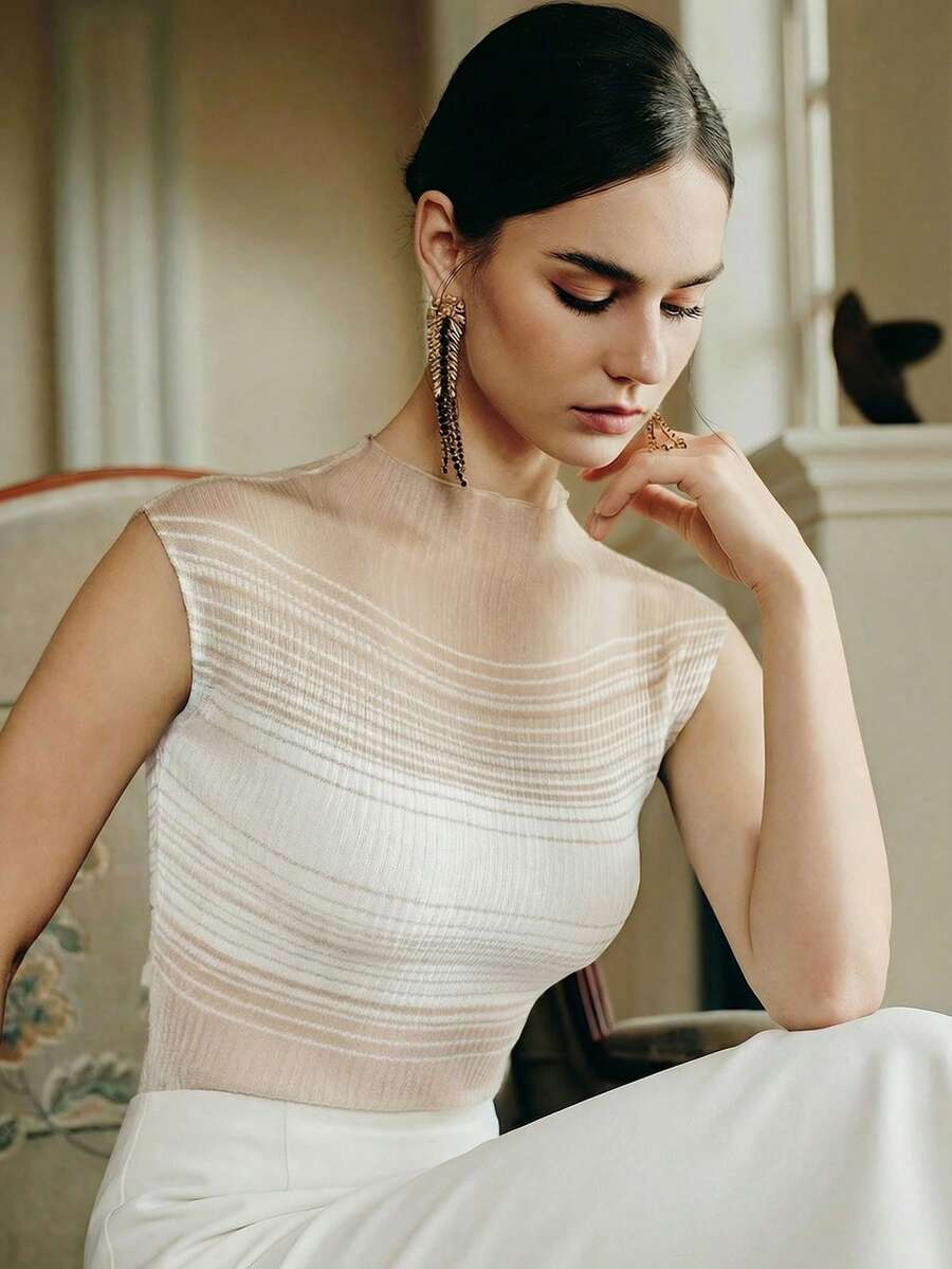 Anewsta 渐变半透明弹力修身短袖上衣，适合秋季、冬季、新年穿着，优雅、别致、时尚，圣诞节、外出皆宜 - 白色 - 查看 1