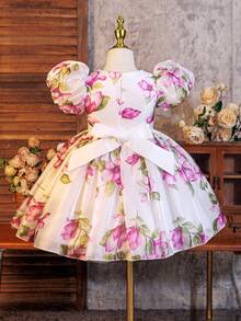 SHEIN Glamorique Kids Glamorique 女童花卉腰部泡泡袖薄紗優雅派對生日洋裝，適合四季婚禮白色與粉色夏季 - 彩色 - 查看 2