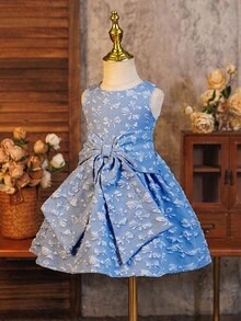 Glamorique Kids 女婴圆领提花褶皱蝴蝶结设计派对连衣裙，适合春、夏、秋季穿着，也适合派对、日常和节日穿着。 - 藍色 - 查看 7