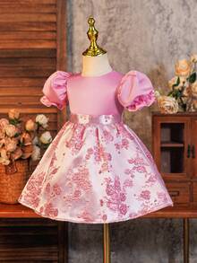 Glamorique Kids 优雅生日派对泡泡袖缎面连衣裙，提花裙摆，女婴万圣节服装 - 粉色 - 查看 8