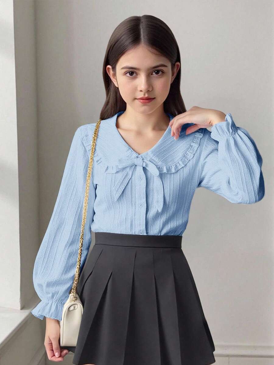 少女休闲校服翻领荷叶边纽扣前襟纹理编织长袖衬衫，返校季 - 淺藍色 - 查看 1