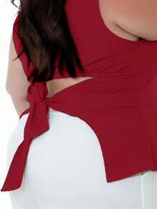 Pretty and Ole Blusa Regata Feminina Plus Size de Cor Sólida com Amarração na Cintura e Costas Abertas - Vinho - Visão 6