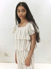 SUMWON Striped Off Shoulder Ruffle Top And Wide Leg Palazzo Pants Co Ord Set Summer Vacation Outfit Festive Occasionwear Casual - Apricot - View 6