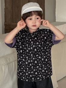 DAZY Young Boy Floral Print Lapel Single-Breasted Casual Versatile Daily Wear Short Sleeve Shirt Spring - Black - View 6