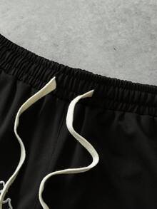 PAVTROS 男士十字绣抽绳腰带口袋休闲短裤 - 黑色 - 查看 5