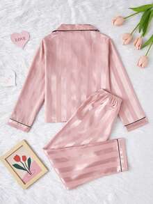 青少年女孩睡衣套装：香槟色条纹长袖开衫和长裤 - 西瓜粉 - 查看 2