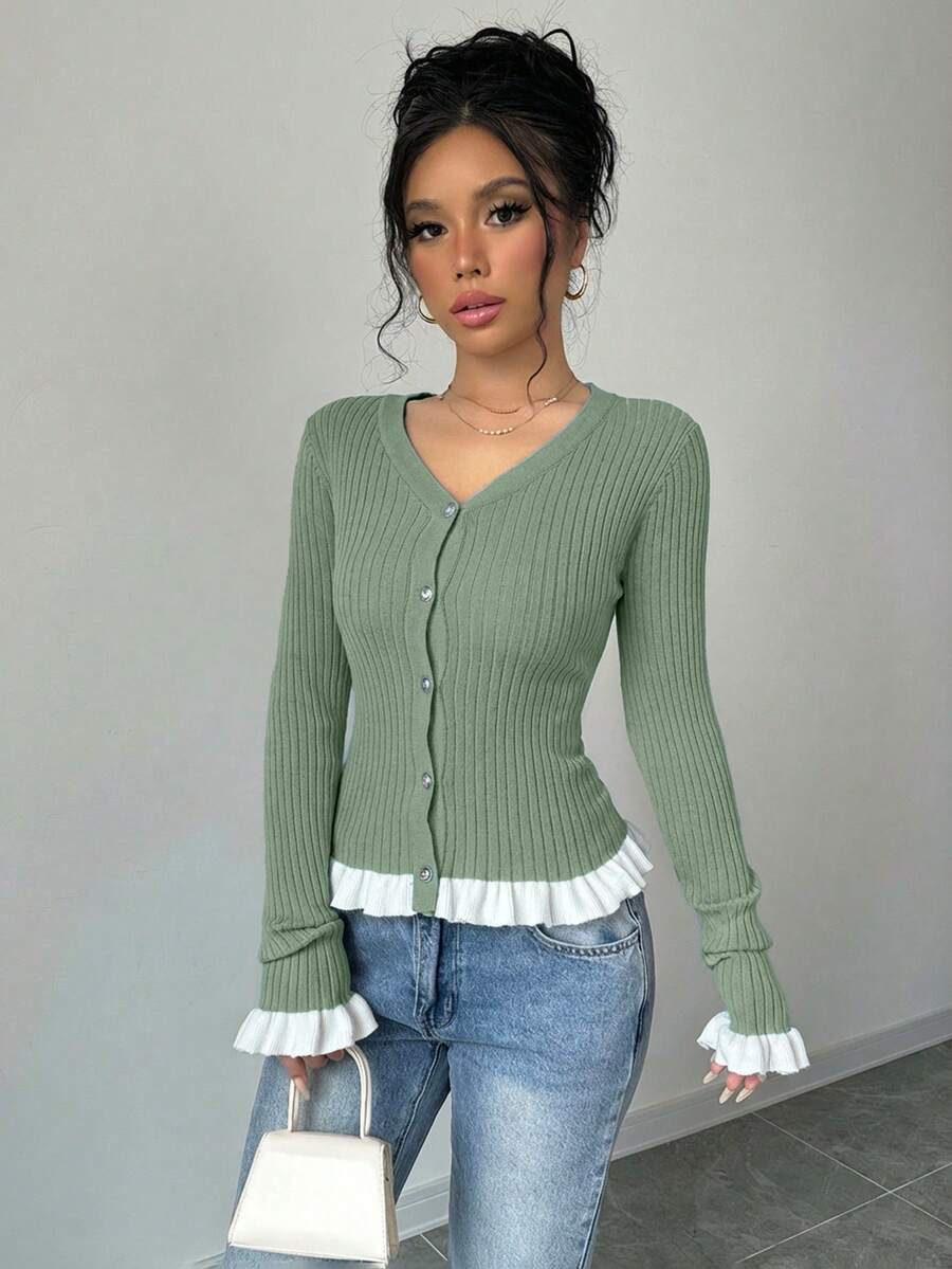 SHEIN Cottnline Áo khoác cardigan dệt kim phối màu tương phản, viền bèo nhún, phong cách thường ngày dành cho nữ. - Màu xanh Bạc hà - Xem 1