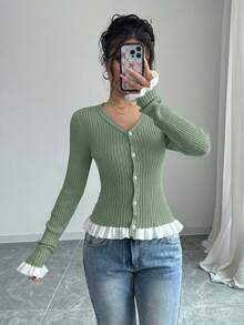 SHEIN Cottnline Áo khoác cardigan dệt kim phối màu tương phản, viền bèo nhún, phong cách thường ngày dành cho nữ. - Màu xanh Bạc hà - Xem 3