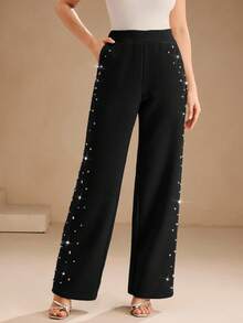 Anewsta Fashionable Thermal Lined Rhinestone Design Loose Wide-Leg Sweatpants, Suitable For Fall, Festival, Spring - Black - View 3