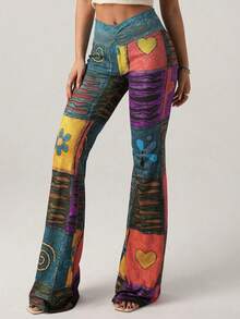 SHEIN Tall CURVE Plus Size Women's Fashionable Retro Contrast Color Block Print Flare Pants - Multicolor - View 5