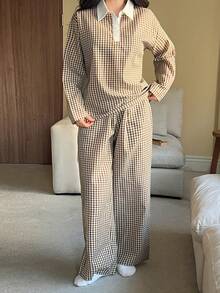 DAZY Plaid Contrast Collar Loose Women's Pajama Set - Pink - View 5