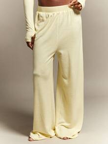 Hauture Pantaloni casual larghi a vita elastica di colore unito per donna - Giallo - Visualizzare 2