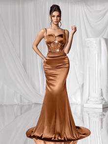 Coutiva 女士纯色亮片褶皱鱼尾修身优雅正式晚礼服（装饰款） - 咖啡棕 - 查看 3