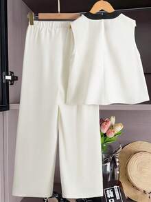 SHEIN 2pcs Tween Girls Elegant Commuter Style Outfit, Beige Camisole Top With Pearl Collar, Detachable Bow, And Wide Leg Pants Set, Suitable For Party, Outing - Apricot - View 2