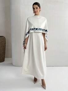 Yasmyna Women's Floral Print Poncho Design Elegant Arabic Dress - White - View 5