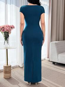 Feyla Women's Solid Color Draped Neck Elegant Waist Cinched Long Dress, Suitable For Dates And Parties - Lake Blue - View 2