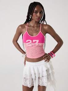 ROMWE Spring/Summer Y2K Style Contrast Lace Graphic Embroidered Camisole Top For Women - Hot Pink - View 4