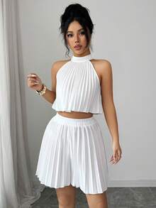 SHEIN Elenzya Bộ áo croptop và quần short không tay xếp ly dành cho nữ, phong cách tối giản, thích hợp cho kỳ nghỉ, đi làm, các dịp thường ngày hoặc trang trọng, mùa xuân/hè. - Màu be - Xem 4