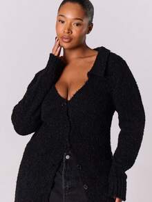 MUSERA Plus Solid Longline Cardigan - Black - View 2