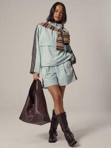 MUSERA Faux Suede High Neck Half Zip Long SleevePocket Detail Top Spring, Girly, Day Outfits, Cute, Casual Sweet Pea Spring - Baby Blue - View 5