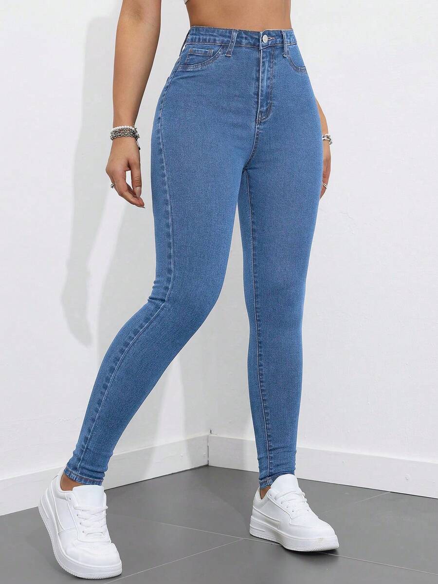 SHEIN ICON 女士高腰口袋修身休闲百搭牛仔裤 - 淺色水洗藍 - 查看 1