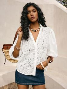 Poéselle Women's V-Neck Burnout Embroidered Fashionable Versatile Lantern Sleeve Top,White Eyelet Embroidered Puff Sleeve Blouse For Women,V Neck Summer Top, Chic French Casual Shirt,Summer Blouse - White - View 7