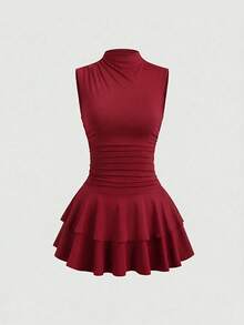 Sweetra Women's Red Ruched Fitted Sleeveless Ruched Hem Mini Dress, Spring/Summer - Burgundy - View 4