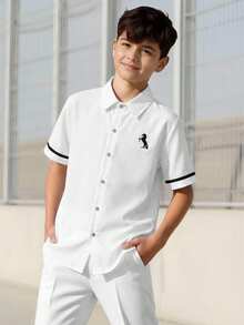 Vacaura Teenage Boys' Fashionable Printed Polo Collar Short Sleeve Casual Versatile Shirt - White - View 1