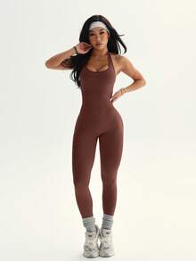 Dewbera 女士纯色极简连体裤 - 棕色 - 查看 3