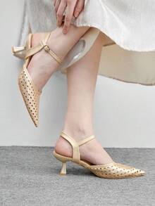 CUCCOO SZL Sapatos femininos de salto alto com bico fino e design vazado, versáteis para uso diário e ocasiões festivas. - Ouro - Ver 3