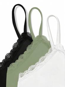 SHEIN Unity 3件套女士纯色褶皱撞色蕾丝吊带背心套装 - 彩色 - 查看 5