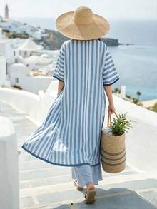 SHEIN LUNE 女士复古休闲条纹长款开衫、薄外套、衬衫、针织背心和连衣裙两件套，轻松假日风 - 彩色 - 查看 3