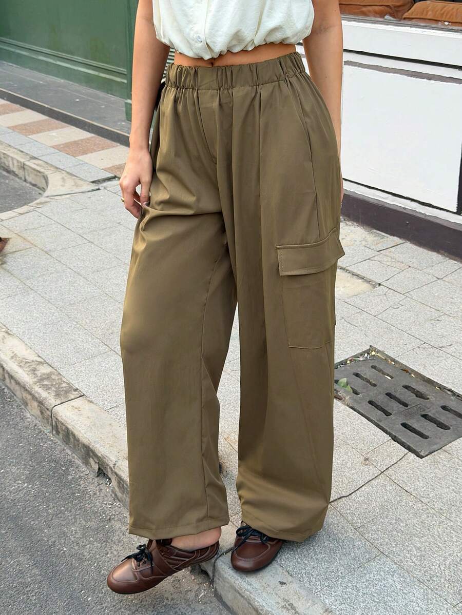 Chiquease 女士梭织设计喇叭形工装裤，宽松阔腿裤 - 咖啡棕 - 查看 1