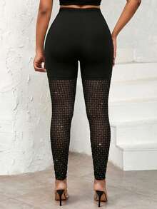 SHEIN Lady Women's High Waist Fitted Mesh Patchwork Leggings - Black - View 2