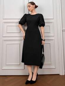 DAZY Women's Round Neck Rhinestone Embellished Short Sleeve Waist Cinched Elegant Long Dress Spring Sundress - Black - View 6