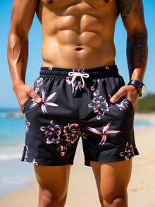 Manfinity VDAYZ 男士碎花图案休闲弹力腰抽绳口袋沙滩短裤