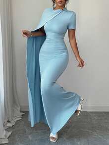 Elenzga Sukienka damska na wiosnę/lato, nowa, elegancka, minimalistyczny i wszechstronny fason rękawów w stylu bliskowschodnim, jasnoniebieska, z krótkim rękawem i ściągaczem w talii - Niebieski - Zobacz 5