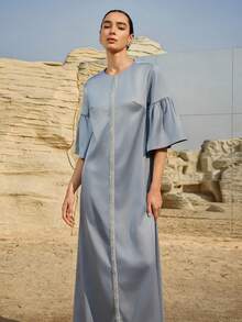 Graceveil Elegant Gray Glitter Arabic Style Evening Gown For Women,Luxury Dusty Blue Silk Najma Dress,Modest Abayas For Formal Parties,Arabic Style Dress - Grey - View 4