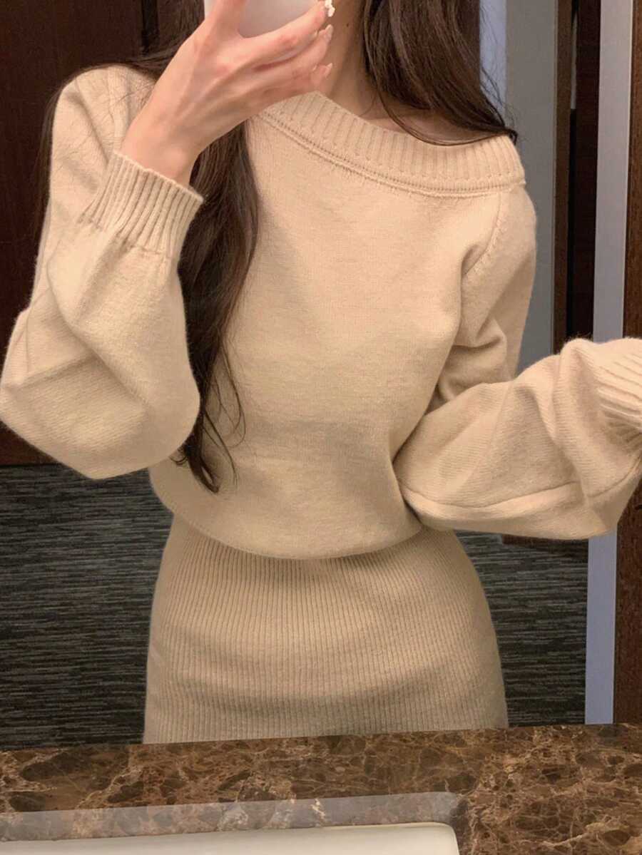 DAZY 秋冬法式性感斜肩修身长袖紧身针织连衣裙 - 卡其色 - 查看 1