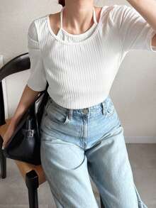 FRIFUL Women's 2 In 1 Camisole T-Shirt, Ribbed Texture Fabric, Fitted Petal Sleeve Short Sleeve T-Shirt - White - View 7