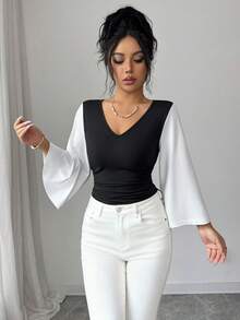 SHEIN Elenzya Women's V-Neck Black & White Contrast Bell Sleeve Ruched Design Regular Casual Commuter T-Shirt, Suitable For Outings, Gatherings, Daily Wear, Spring/Summer - Black and White - View 6