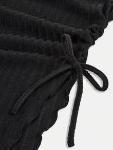 Girlism 少女黑色抽绳不对称下摆喇叭袖T恤，舒适秋季T恤 - 黑色 - 查看 3