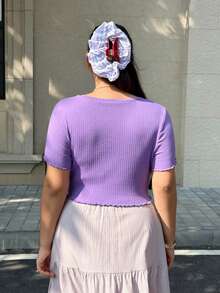 SHEIN EZwear Plus Lettuce Trim Rib Knit Tee - Violet Purple - View 2