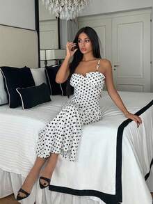 Ronhire 女士休闲波尔卡圆点露背细肩带连衣裙，黑色和白色，春夏 - 白色 - 查看 1