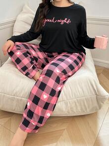 Lazeform 浪漫粉色格子爱心字母印花舒适休闲牛奶丝经典抽绳睡衣套装，长袖上衣和长裤，适合春秋季大码身材，秋冬服装。 - 粉色 - 查看 5