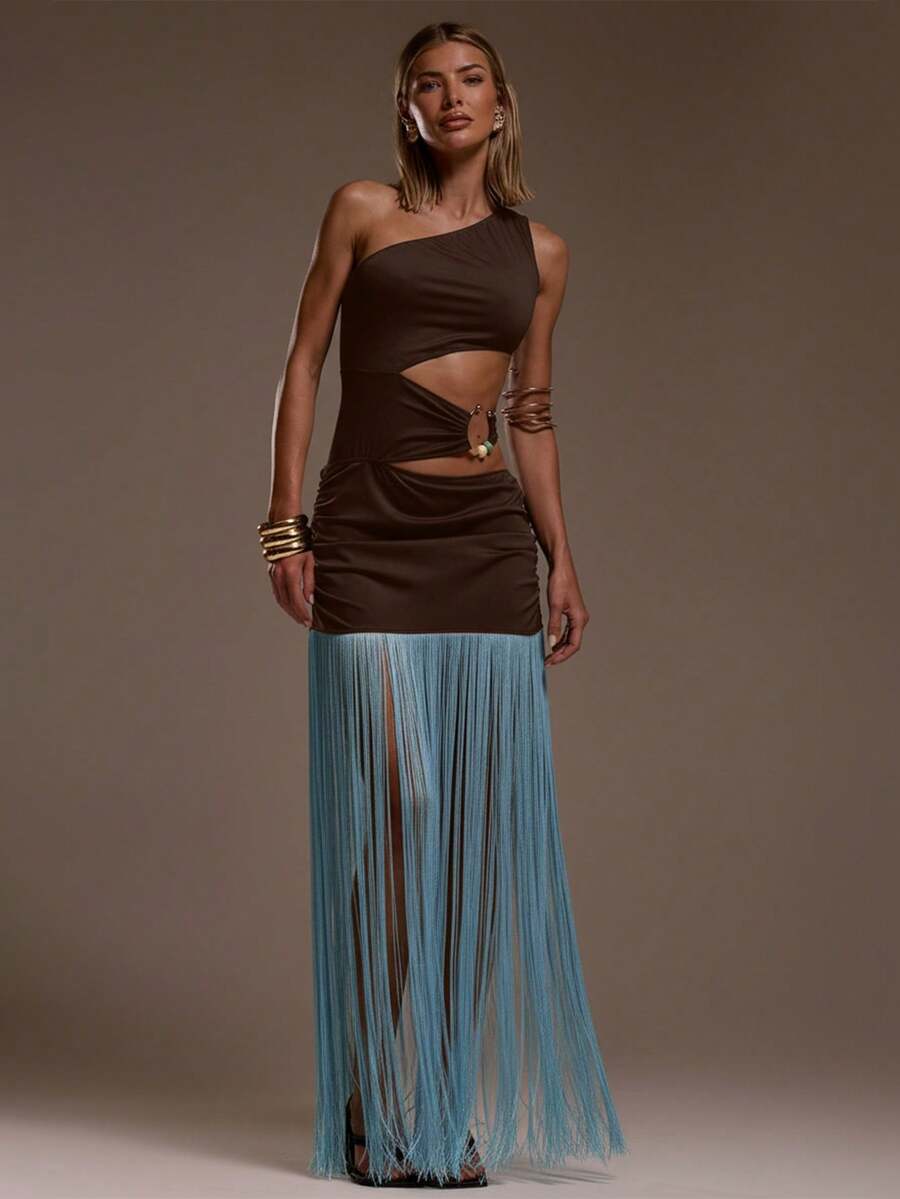 MUSERA One Shoulder Waist Cut Out Detail Fringe Hem Maxi Dress Ibiza Fits Holiday Vacation Sexy Beach Romantic Elegant Occasion Birthday Boho Rafia , Winter - Chocolate Brown - View 1