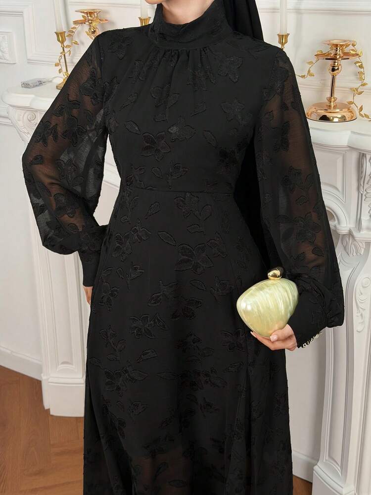 Women's Textured Fabric Loose Fit Dress With Mandarin Collar Sundress