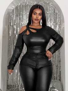 Slaydiva 2026 New Sexy Cutout Twist Hollow Long Sleeve PU Bodysuit - Black, Suitable For Easter, Western Holidays, New Year, Valentine's Day, Street Style, Gyaru - Black - View 1