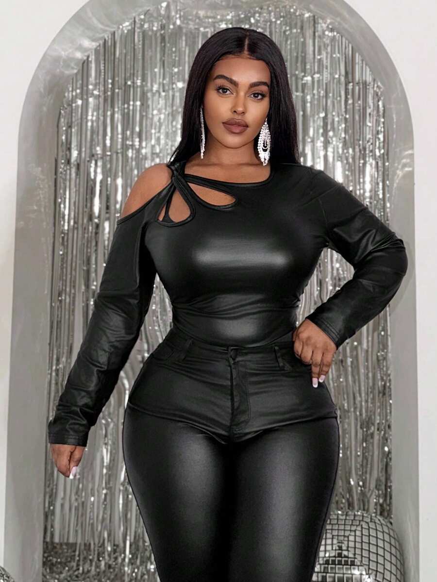 Slaydiva 2026 New Sexy Cutout Twist Hollow Long Sleeve PU Bodysuit - Black, Suitable For Easter, Western Holidays, New Year, Valentine's Day, Street Style, Gyaru - Black - View 1